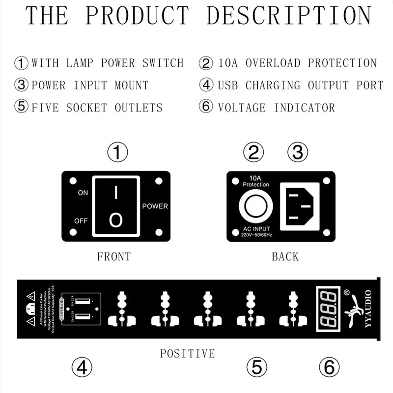5-position AC Socket 15A 50-60KHz Hi-End Hifi Theater Audio AC Power Filter Audio Noise Power Conditioner Power Purifie with USB