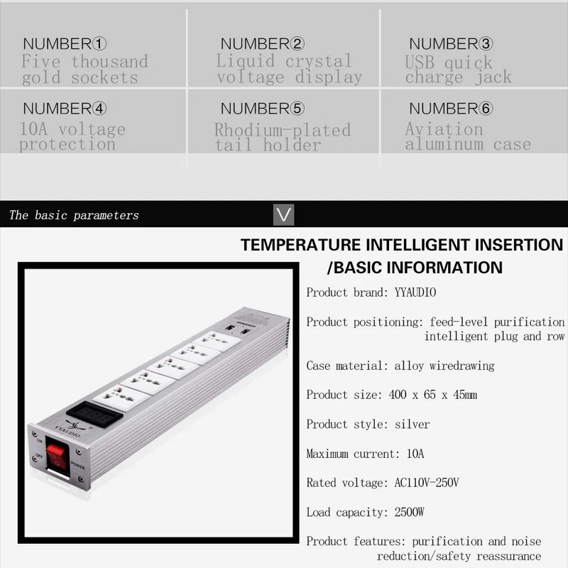 5-position AC Socket 15A 50-60KHz Hi-End Hifi Theater Audio AC Power Filter Audio Noise Power Conditioner Power Purifie with USB
