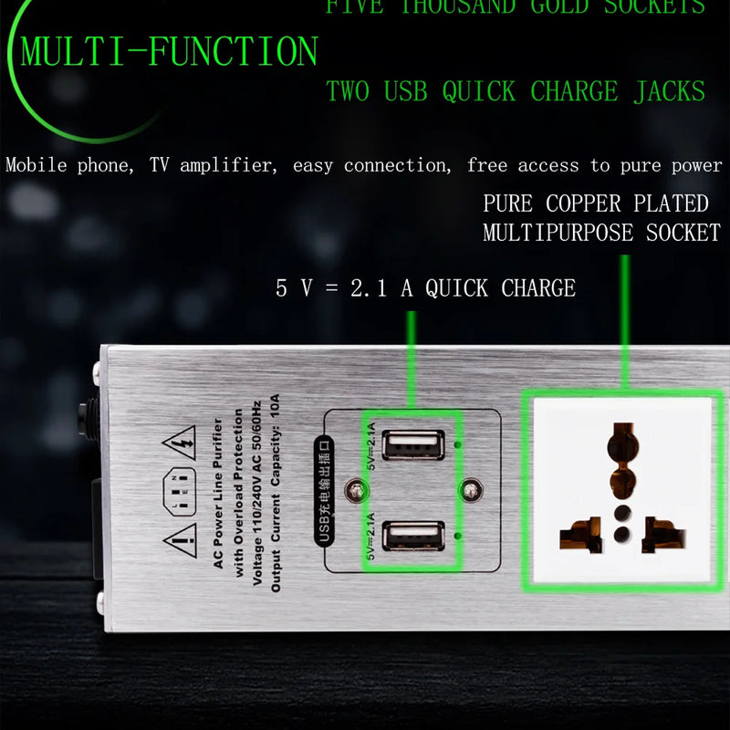 5-position AC Socket 15A 50-60KHz Hi-End Hifi Theater Audio AC Power Filter Audio Noise Power Conditioner Power Purifie with USB