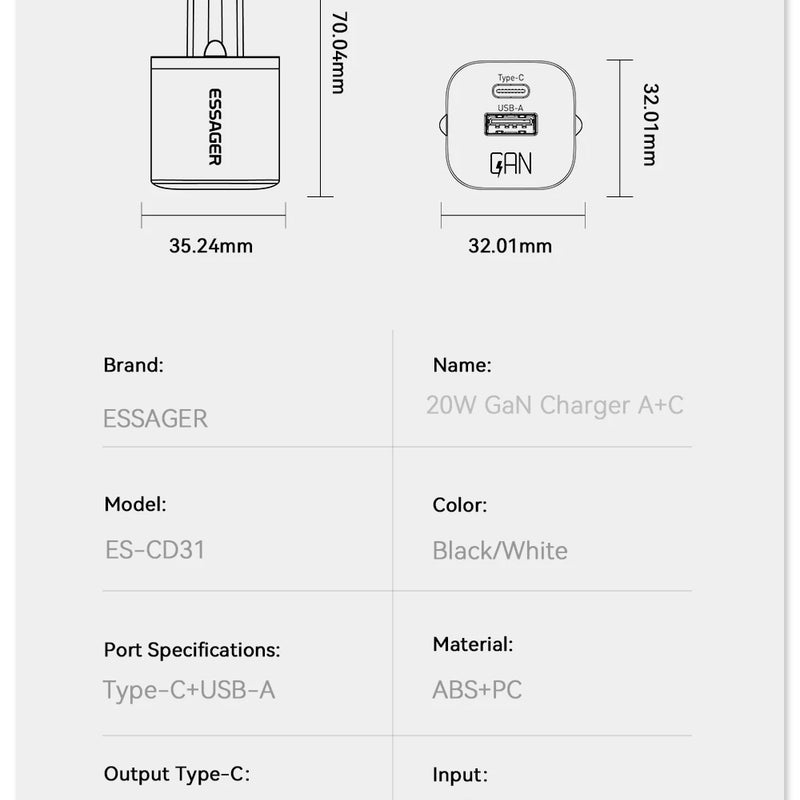 Essager 20W GaN USB Type C Charger PD Fast Charge Phone QC 3.0 Quick Chargers For iPhone 14 13 12 11 Pro Max Mini iPad Charging