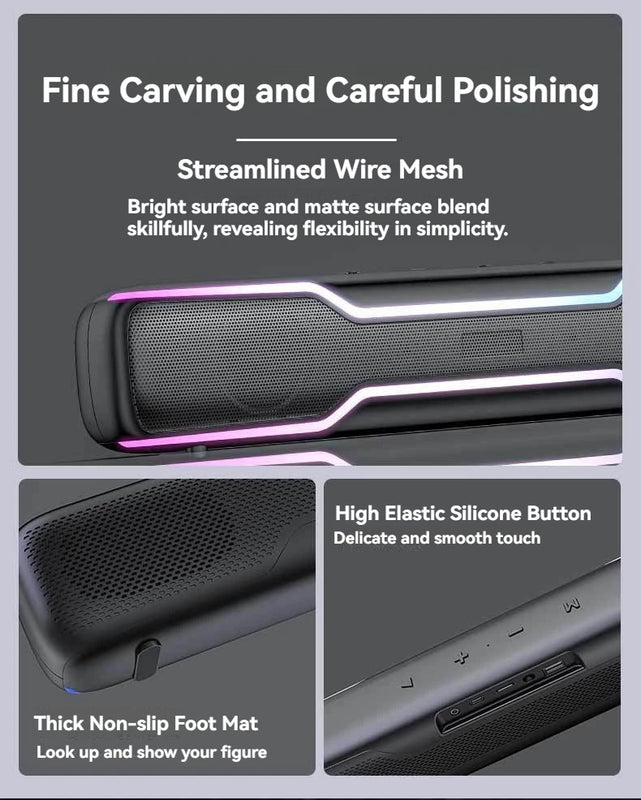 BT5.3 RGB Pro Game Computer Soundbar PC Speaker with Dynamic Lighting Audio-Light Sync Battery and USB Powered and Aux 3.5 Jack