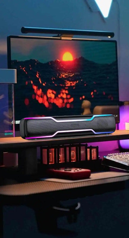 BT5.3 RGB Pro Game Computer Soundbar PC Speaker with Dynamic Lighting Audio-Light Sync Battery and USB Powered and Aux 3.5 Jack