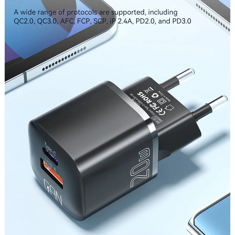 Essager 20W GaN USB Type C Charger PD Fast Charge Phone QC 3.0 Quick Chargers For iPhone 14 13 12 11 Pro Max Mini iPad Charging