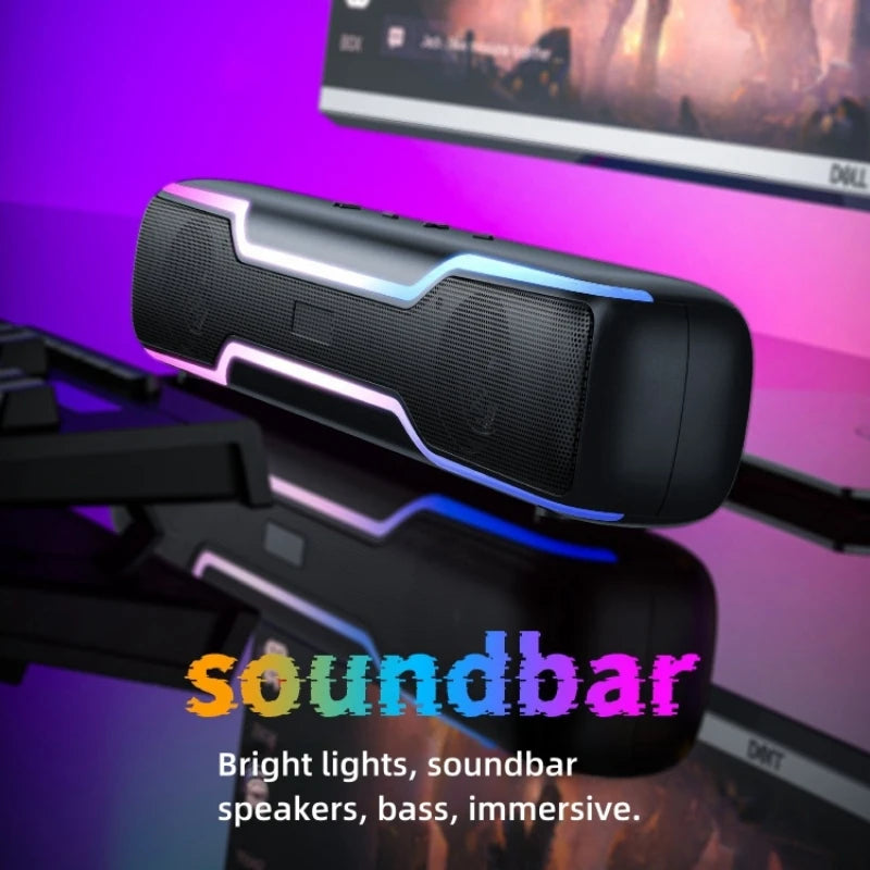 BT5.3 RGB Pro Game Computer Soundbar PC Speaker with Dynamic Lighting Audio-Light Sync Battery and USB Powered and Aux 3.5 Jack