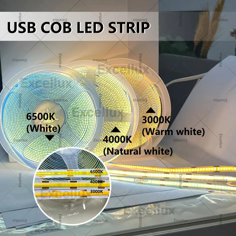 5V USB COB Led Strip Light Warm Natural White Cabinet Lamp Night Lighting Flexible Led Ribbon Strip TV Backlight Room Home Decor
