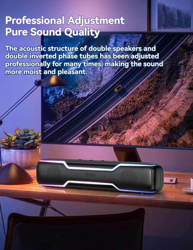 BT5.3 RGB Pro Game Computer Soundbar PC Speaker with Dynamic Lighting Audio-Light Sync Battery and USB Powered and Aux 3.5 Jack
