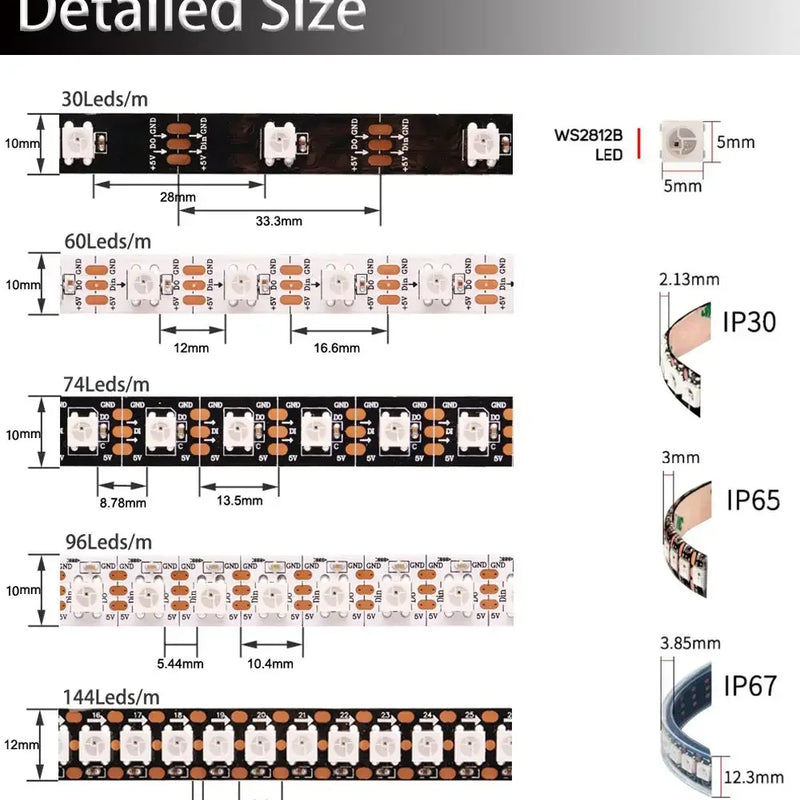 DC5V WS2812B Led Strip light 30/60/74/96/144leds/m Individually Addressable Smart 5050RGB WS2812 Pixels Led Light IP30/65/67