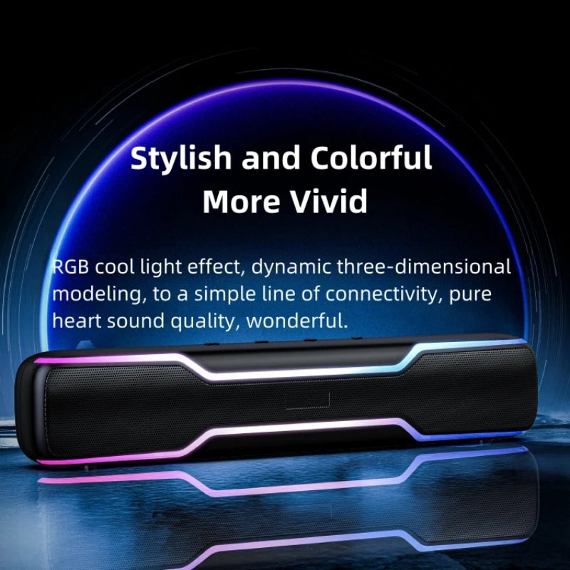 BT5.3 RGB Pro Game Computer Soundbar PC Speaker with Dynamic Lighting Audio-Light Sync Battery and USB Powered and Aux 3.5 Jack