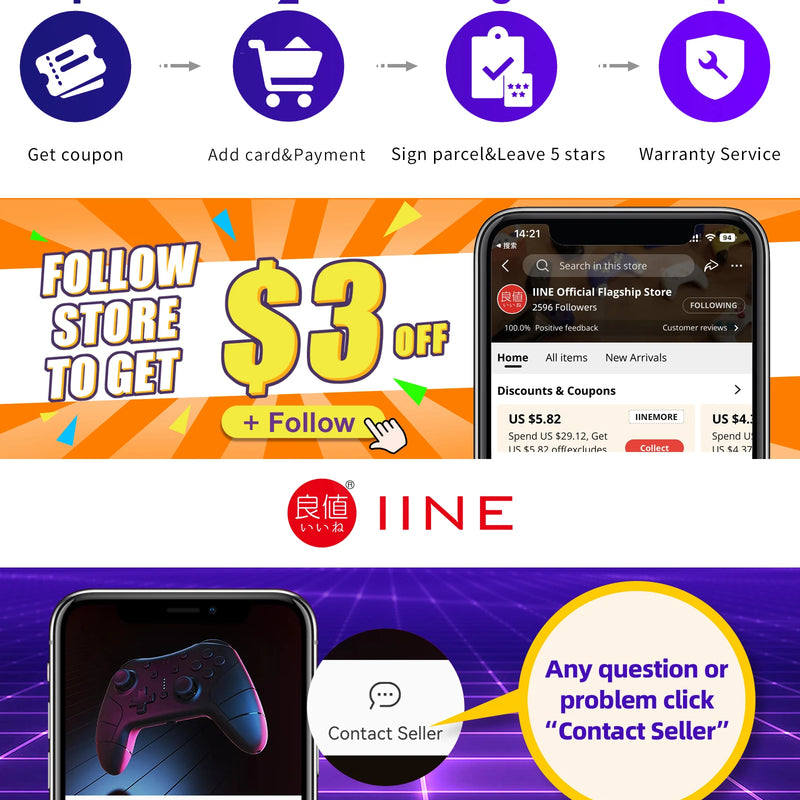 IINE Ares Cartoon Design Wireless PC Controller RGB Light Macro Setting compatible with Nintendo Switch