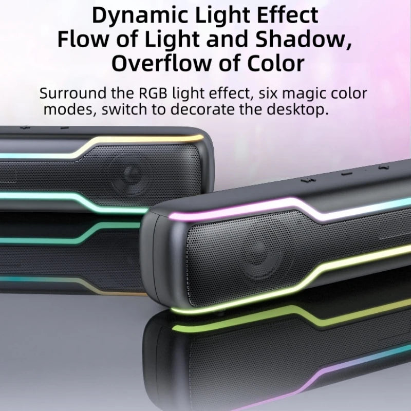 BT5.3 RGB Pro Game Computer Soundbar PC Speaker with Dynamic Lighting Audio-Light Sync Battery and USB Powered and Aux 3.5 Jack