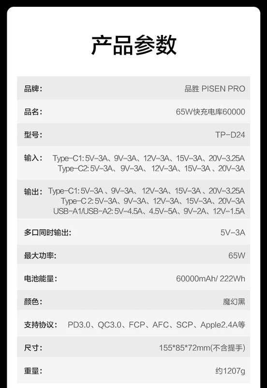 65W Power Bank 60000 MA Super Fast Charge 60000 Large Capacity Portable Lanyard with Light Notebook Camping