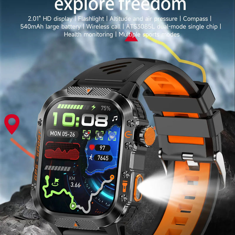 2025 NEW Military GPS Smartwatch BT Call Flashlight Wrist Watches 3ATM Waterproof Sports Smart Watch For Xiaomi Men IOS Android