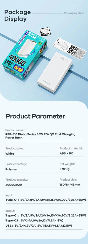 Portable Power Bank 65W Fast Charging 40000Mah Rpp-310 Pd Qc Rohs Ce Fcc 2022 New Arrivals laptop Powerbank For Xiaomi Iph