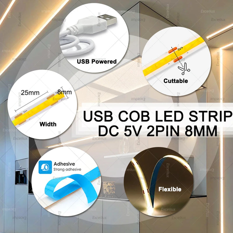 5V USB COB Led Strip Light Warm Natural White Cabinet Lamp Night Lighting Flexible Led Ribbon Strip TV Backlight Room Home Decor