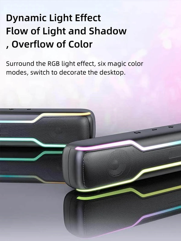 BT5.3 RGB Pro Game Computer Soundbar PC Speaker with Dynamic Lighting Audio-Light Sync Battery and USB Powered and Aux 3.5 Jack
