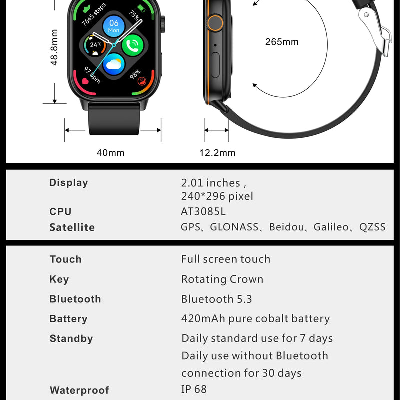 New Sports GPS tracker AMOLED Smartwatch Men Compass Military Outdoor Sports Bluetooth Call Watch 2.01 inch HD screen for Huawei