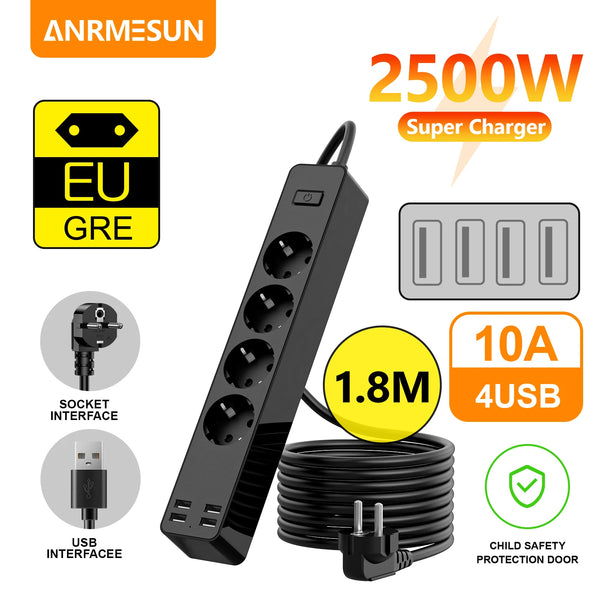 2500W EU Plug AC Outlet multi-port Power Strip 1.8m Extension Cord Electrical Socket Network Filter With USB Ports Fast Charging